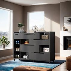 a living room scene with focus on the fireplace and shelves in front of the fire place