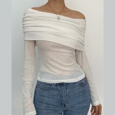 Long sleeve solid off shoulder backless top Non-stretch White Tops, Non-stretch White Solid Top, White Layering Tops, Elegant Non-stretch Tops, White Tops For Layering, Chic Solid Color Top For Layering, Non-stretch Trendy Tops For Layering, Elegant Fitted Tops With Foldover Top, Elegant Fitted Tops In Solid Color