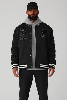 Alo Recovery Mode Sneaker - Black/White | Alo Yoga Jacket Black Outfit, Varsity Jacket Black, The Greatest Of All Time, Varsity Letterman Jackets, Greatest Of All Time, Letterman Jacket, Back Women, Jacket Design, Alo Yoga