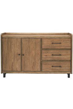 the sideboard is made from wood and has three drawers, one with two doors