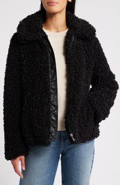 Bundle up for a night out without compromising on glamour in this curly-textured faux-fur jacket framed by a sumptuously oversized collar. 24" length (size Medium) Front zip closure Spread collar Lined 100% polyester faux fur Dry clean Imported Faux Fur Coat For Night Out In Fall, Faux Fur Outerwear For Night Out In Fall, Chic Faux Fur Outerwear For Night Out, Fall Faux Fur Outerwear For Night Out, Long-sleeved Outerwear With Faux Fur Lining For Night Out, Winter Faux Fur Outerwear For Night Out, Chic Outerwear With Faux Fur Lining For Night Out, Black Fluffy Faux Fur Outerwear, Winter Night Out Faux Fur Outerwear