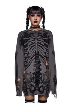 Free, fast shipping on Bone Breaker Oversized Sweater at Dolls Kill, an online Halloween and costumes store. Shop our exclusive collection of Trickz N' Treatz costumes, shoes, and accessories here. Goth Skirts, Boots Goth, No Bones About It, Skeleton Graphic, Goth Boots, Distressed Sweater, Preppy Clothes, Costume Store, A Skeleton