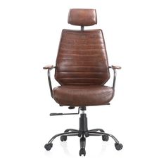 a brown leather office chair with wheels and arms on an isolated white background, viewed from the front