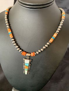 Masha Indian Native American Jewelry   -On Route 66 -         Albuquerque, New Mexico U.S.A     Item Specifics            Stone : Turquoise, Lapis & Spiny Oyster  Size : 20" Pendant Size : 2" Color : Blue, Denim Blue & Orange Artisan : O P SKU : 11801 Metal : Sterling Silver Metal Purity : 925 Regional Style : Native America Genuine Sterling Silver Jewelry  This beautiful Necklace is made from all 925 Sterling Silver Beads and Findings.  These Beads are meticulously hand strung and assembled by New Mexico Usa, Spiny Oyster, Beautiful Necklace, American Jewelry, Route 66, Native American Jewelry, Sterling Silver Bead, Sterling Silver Necklace, Denim Blue