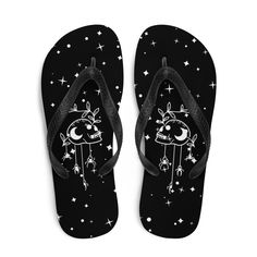 These Witchy Goth flip-flops are different and fun.  Prepare for an adventurous and carefree summer with a pair of goth slippers that are created just for you! The rubber sole is lined with a soft fabric to make sure you feel comfortable wherever your day takes you. * Rubber sole * Customizable 100% polyester fabric lining * Black Y-shaped rubber straps * Toe post style This product is made especially for you as soon as you place an order, which is why it takes us a bit longer to deliver it to y Fun Black Flip Flops For Summer, Fun Black Flip Flops For Vacation, Fun Black Flip Flops For Beach, Shoes For Summer, Witchy Goth, Goth Shoes, Goth Subculture, Summer Goth, Baby Bats