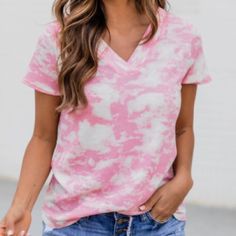 Pink Tie Dye V-Neck Tee. Purchased From Pink Lily Boutique. Size Small. 70% Polyester/ 27% Rayon/ 3% Spandex Hand Wash Cold / Dry Flat Unlined Brand New, Never Worn! Casual Pink V-neck Top For Summer, Stretch V-neck T-shirt For Day Out, V-neck Stretch T-shirt For Day Out, Trendy Pink V-neck Top For Spring, Casual Pink V-neck Top With Short Sleeves, Trendy Pink V-neck T-shirt, Pink Lily Boutique, Pink Tie, Pink Tie Dye