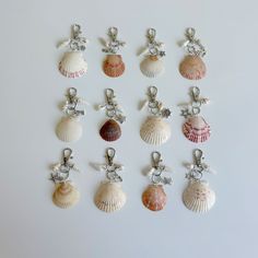 six seashells are arranged in a row on a white surface with silver charms