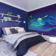 a bedroom decorated in blue and purple with an alien scene painted on the wall behind it