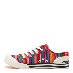 This colorful striped sneaker will steal the show and is a sure way to brighten your day and wardrobe! The classic sneaker style of a white rubber toe cap has been kicked up one giant notch with a rainbow striped cotton upper. Rainbow striped upper Vulcanized Lace-Up Casual Sneaker Soft Cotton Lining And Footbed Rubber Sole Plush Foam Comfort Insole Knee High Boots Winter, Rainbow Sneakers, Rocket Dog Shoes, Sneaker Style, Trending Boots, Rocket Dog, Trending Sneakers, New Sneakers, Classic Sneakers