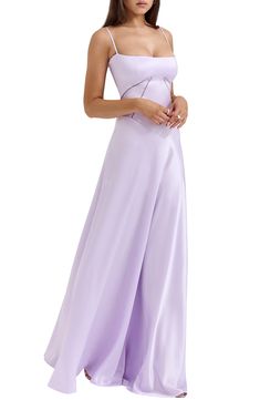 A sculpting corset-inspired bodice shapes this glamorous satin gown punctuated with a laced-up back. Exclusive retailer 52" length (size X-Large) Square neck Adjustable straps Unlined 75% acetate, 25% polyester with 80% polyamide 20% elastane contrast Dry clean Imported House Of Cb Anabella Dress, Lavender Formal Dress Long, Lilac Evening Dress, Satin Dress With Lace-up Back And Sweetheart Neckline, Strapless Satin Dress With Boned Bodice, Sleeveless Satin Gown With Corset Back, Elegant Corset Dress With Lace-up Back For Gala, Satin Corset Back Evening Dress, Satin Corset Back Dress For Evening