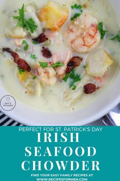 This quick and easy Irish seafood chowder recipe is delicious. Perfect for a warming lunchtime treat.  A great recipe for your St. Patrick's day celebration. Irish seafood chowder, irish seafood chowder recipe, irish seafood chowder recipe ireland, irish seafood chowder ireland, authentic irish seafood chowder, creamy irish seafood chowder, seafood chowder recipe easy, seafood chowder best, seafood chowder Irish Seafood Chowder Recipe, Wheaten Bread, Oyster Chowder, Cauliflower Soup Healthy, Irish Lamb Stew, Warm Soup Recipes, Chowder Recipes Seafood, Irish Cuisine