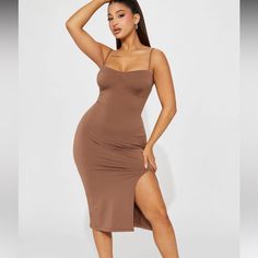 Never Worn Bodycon Midi Slip Dress, Bodycon Midi Length Slip Dress, Elegant Brown Midi Bodycon Dress, Brown Midi-length Bodycon Dress For Evening, Brown Midi Length Bodycon Dress For Evening, Chic Brown Midi Dress With Spaghetti Straps, Brown Midi Bodycon Dress For Date Night, Chic Brown Midi Dress For Night Out, Brown Bodycon Midi Dress For Date Night