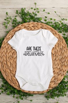 Are These People Really My Relatives? Baby Bodysuit or Toddler Shirt . This shirt is a perfect gift and sure to get a laugh. *When ordering: SS = Short Sleeve, LS = Long Sleeve *Bodysuits are Carter's brand. Please see their sizing chart if you aren't sure what size to order. *All bodysuits are white. The color you choose is for the text/image.  *If you would like a colored bodysuit, please request a custom order and we can see if we can meet your needs. Please note though that there is usually Fitted Short Sleeve Onesie For Birthday, Pre-shrunk Short Sleeve Onesie For Playtime, Fitted Short Sleeve Bodysuit With Graphic Print, Funny Short Sleeve Onesie For Birthdays, White Fitted Short Sleeve Bodysuit With Graphic Print, Funny Short Sleeve Onesie For Birthday, Funny Cotton Onesie For Babies, Short Sleeve Onesie With Name Print For Playtime, Fun Short Sleeve Onesie For Playtime