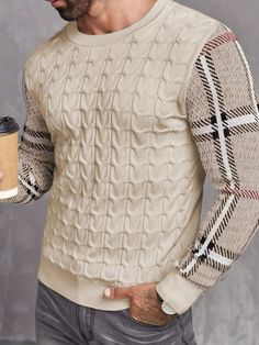 Winter Crew Neck Sweater Vest, Beige Crew Neck Sweater With Patchwork, Beige Knit Sweater With Patchwork, Winter Textured Knit Beige Sweater Vest, Beige Textured Knit Sweater Vest For Winter, Winter Crew Neck Knit Sweater Vest, Plaid Sleeve, Knitted Sweater, Men's Casual