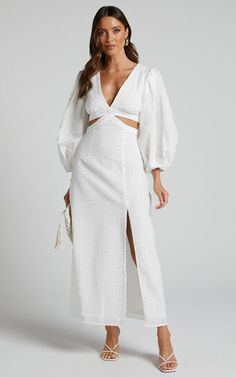 Miggy Midi Dress - Puff Sleeve Cut Out Split Dress in White | Showpo USA Summer Cocktail Attire, Wedding Rehearsal Dinner Dress, Wedding Rehearsal Dress, Buff Sleeves, Lunch Dresses, Midaxi Dress, Bridal Shower Dress, Shower Dresses, Split Dress