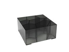 a black glass box sitting on top of a white floor