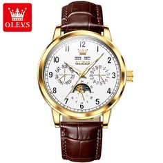 Product Description: Experience the perfect blend of classic design and modern functionality with the Olevs 6698 watch. This timepiece features a refined gold stainless steel case paired with a premium brown leather strap, showcasing your taste and style. The dial displays clear date, day, and 24-hour time, allowing you to keep track of time effortlessly. The unique moon phase function adds a touch of romance and mystery to your watch. Whether for business occasions or daily wear, the Olevs 6698 Metal Straps, Brown Leather Strap, Black Watch, Moon Phases, Mens Belts, Business Fashion, Quartz Movement, Gold Watch, Stainless Steel Case