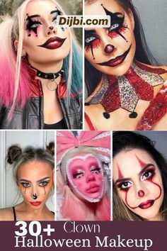 Scary Clown Women Costume, Make Your Own Clown Costume, Circus Misfit Makeup, Women Halloween Face Paint, Kid Scary Clown Makeup, Womens Halloween Face Makeup, Halloween Clown Outfit Women, Scary Clown Face Makeup, How To Do Clown Makeup Easy