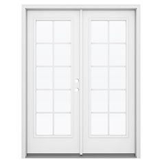 a white double door with glass panels on the front and side doors, isolated against a white background