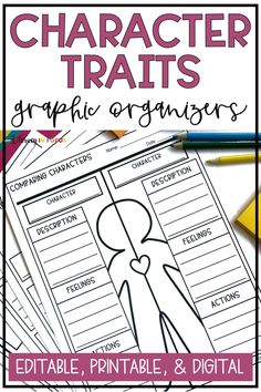 graphic organizer with text that reads character traits graphic organizers editable, printable, and digital