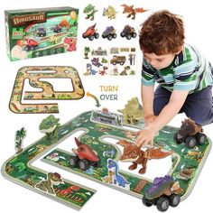 a young boy playing with dinosaur toys