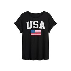 She will love showing off her style with this Juniors' USA Flag Flowy Tee. FEATURES Short sleeves CrewneckFIT & SIZING Oversized FitFABRIC & CARE Black: Cotton ; Gray: Cotton/Polyester Machine wash Imported Size: Large. Gender: female. Age Group: kids. Black Graphic Tee With American Flag Print, Black Cotton Tops With American Flag Print, High Neck Tank Top, High Neck Tank, Raglan Tee, Boyfriend Tee, How To Show Love, Oversized Tee, Usa Flag