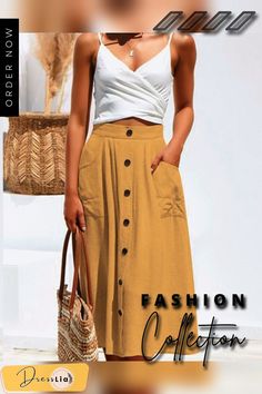 Women's Casual Solid Button Front High Waist A Line Midi Skirt Non-stretch High-waisted Skirt With Button Closure, High-waisted Non-stretch Skirt With Button Closure, Buttoned Maxi Skirt For Spring, Spring Buttoned Maxi Skirt, Non-stretch Buttoned Skirt For Spring, Spring Non-stretch Buttoned Skirt, High Waist Non-stretch Button Skirt, Spring Non-stretch Skirt With Buttons, Casual Maxi Skirt With Button Closure For Summer