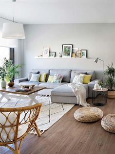 a living room filled with furniture and lots of plants on top of a hard wood floor