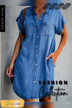 New Casual Short Sleeve Slim Fit Denim Dress Women Solid Color Loose Midi Y2k Dress Vestidos De Mujer Midi Denim Dress, Fitted Denim Dress, Womens Denim Dress, Midi Denim, Y2k Dress, Grey Pattern, Color Shorts, Shirt Collar, Women's Fashion Dresses