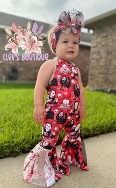 Halloween romper with bells handmade in Texas - I wanted to bring some fun Halloween prints that aren't really out there so enjoy and hope you love them! *Includes halter top bell's romper plus matching messy bow* Please refer to the sizing chart and if you have any questions feel free to message me!❤️ Follow Clev's Boutique on FB❣️ Toddler Morning Routine, Funny Maternity Photos, Playful Sleeveless Ruffle Bubble Romper, Summer Dress-up Bubble Romper With Ruffles, Country Baby Girl, Baby Clothes Country, Pink Floral Print Bubble Romper For Playtime, Halloween Romper, Newborn Tutu