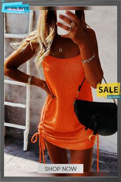 Solid Color Women's Skirt Fashion White Dresses Orange Knee-length Mini Dress For Summer, Solid Color Mini Dress For Summer, Trendy Mini Dress For Summer, Spring Solid Color Mini Dress, Trendy Summer Mini Dress, Casual Solid Color Dress With Drawstring, Solid Color Mini Dress With Drawstring, Casual Non-stretch Mini Dress For Party, Casual Party Mini Dress Non-stretch