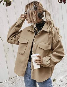 Khaki Jacket - Foxy And Beautiful Outwear Fashion, Cozy Coats, Loose Coats, Solid Color Shirt, Loose Shorts, Short Coat, Winter Coats Women, Tweed Jacket, Casual Jacket