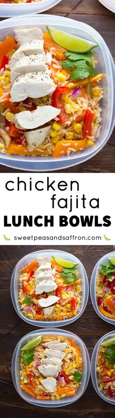 chicken fajita lunch bowls in plastic containers with text overlay that reads chicken fajita lunch bowls