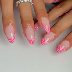 Bright Pink French Tip Nails Almond, Pink French Design Nails, Coffin Nails Designs French Tip, Nails Inspiration Bright, All Pink Acrylic Nails, Pink French Tip Nails Design, Pink French Tip Designs, Trendy Nails Ideas 2023, Cute Bright Nails