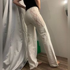 Gorgeous Valentino, Long White Pants. Beautiful Lace Insert Cut Out Detail On Each Hip. Sexy But Classic. Please See Measurements For Size I Cannot Find A Size Or Composition Tag! My Guess Is That These Are A Woven Cotton Fabric. Party Bottoms With Lace Trim Long Pants, Lace Trim Bottoms For Night Out, Lace Trim Long Pants For Night Out, Lace Trim Long Bottoms For Night Out, Fitted White Pants With Lace Trim, Wide Leg Pants With Lace Trim For Night Out, White Wide Leg Bottoms With Lace Trim, High Waist Stretch Pants With Lace Trim, Elegant Fitted Bottoms With Lace Trim