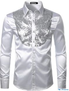 OrcaJump - Mens Silk Satin Tuxedo Shirt with Sequins, Long Sleeve Button Down in Solid Colors of Blue, Gold, Red, White Slim Fit Shirt For Party, Fitted Shirt With Button Closure For Party, Party Cotton Tops With Buttons, Cotton Button-up Party Tops, Cotton Button-up Tops For Party, Red White Black Wedding, Black Wedding Party, White Black Wedding, Button Down Fashion