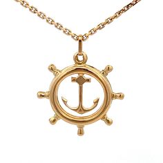 "Vintage 18K Gold Anchor and Ships Wheel Charm Pendant ~  18k Yellow Gold ~ Navy/Nautical~ ET1530 Metal Content: Solid 18K Gold Chain is NOT included Pendant Measurements Length including bail:  1 1/16\" (27mm) Width:  7/8\" (22mm) Bail opening: 4mm x 2mm Weight:  2.32 Grams Stamps: 750 569 VI Condition: excellent  Each piece is thoroughly examined and refinished as needed by our professional jewelers, tested to guarantee metal content,  graded by our in-house GIA (Gemological Institute of America) Graduate Gemologist, and inspected for quality before being carefully packaged and promptly shipped. Thank you for taking the time to shop with us! We have hundreds of more listings, with more being added every week! From necklaces to bracelets, the classics and trendy.  We are likely to have so Yellow Gold Nautical Anchor Jewelry, Coastal Grandpa, Sailor Halloween Costumes, Sailor Halloween, Ships Wheel, Navy Anchor, 18k Gold Chain, Anchor Necklace, Ship Wheel