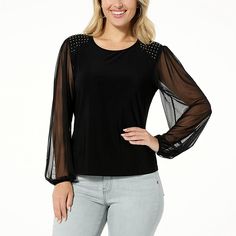 Curations X Sarah Anderson Blouson-Sleeve Mixed Media Top  Sparkling sequins and voluminous statement sleeves in sheer mesh knit make this mixed media pullover a fancier version of your favorite everyday tee. Stretch Tops With Sheer Sleeves For Work, Stretch Tops With Blouson Sleeves For Workwear, Sheer Long Sleeve Tops For Fall, Sheer Sleeves Tops For Night Out In Fall, Elegant Long Sleeve Top With Sheer Sleeves For Fall, Casual Party Top With Blouson Sleeves, Casual Tops With Sheer Sleeves For Night Out, Sheer Sleeves Chic Fall Tops, Spring Solid Tops With Sheer Sleeves