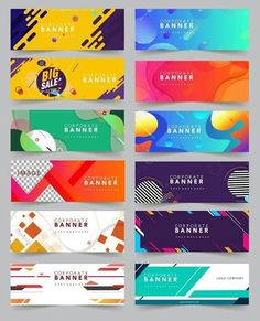 four colorful banners with abstract shapes and lines on the front, back and side sides