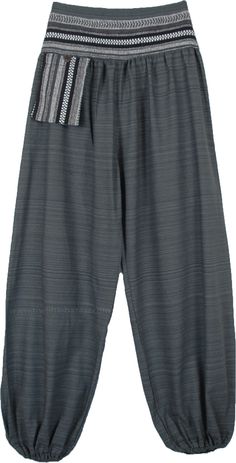 Cool bohemian harem pants in stone gray color, stripe pattern woven fabric used for the waist and the pouch pocket gives these pants a dapper look. The waist has elastic at the back giving the pants flexibility and they easily fit small to large sizes. These are made from soft and comfortable cotton fabric and the subtlety of these pants goes with different styles. These simple and neutral pants are perfect for hot and sunny weather when you want to relax. The Little Bazaar Pants, Gray Harem Pants With Elastic Waistband, Bohemian Gray Bottoms For Summer, Diy Harem Pants Pattern, Harem Pants Sewing Pattern, Harem Pants Diy, Haram Pants, Harem Pants Pattern, Harem Sweatpants