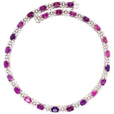 Rare no heat purple sapphire diamond necklace. Sri Lanka origin, Intense purple, pink, violet, no heat, high luster, oval faceted, 50.30 carats, natural sapphires mounted in open basket with four prongs, accented with round and marquise brilliant cut diamonds to the back. Glamorous handcrafted masterpiece choker style necklace set in 18 karat white gold along with tapered hinged lock. Come with HKD report. Statement piece! Sapphire: 50.30 carats, no heat, oval faceted, intense purple-pink to vio Pink And Purple Necklace, Purple Diamond Necklace, Sapphire Diamond Necklace, Vintage Pendant Necklace, Basket Setting, Choker Style Necklace, Necklaces Pendant, Purple Diamond, Purple Necklace