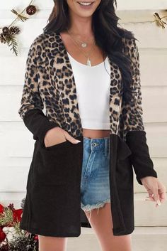 This open front cardigan is faddish and eye-catching with leopard splicing silhouette It features open front, leopard and color block patchwork, long sleeves and regular fit The front pockets are functional and also decorative, double slits finished This cardigan for women pairs well with tees and jeans for a complete look Size Chart (CM) Sizes Bust Shoulder Sleeve_Length Length Hem_Width Relax Relax Relax Relax Relax S 105 65.5 45.5 81 111 M 110 68 46 83 116 L 115 70.5 46.5 85 121 XL 123 74.5 4 Black Patchwork Cardigan For Fall, Black Patchwork Cardigan For Layering, Fall Black Cardigan With Patchwork, Trendy Black Cardigan With Pockets, Casual Leopard Print Cardigan For Winter, Casual Leopard Print Winter Cardigan, Fall Patchwork Open Front Cardigan, Leopard Print Long Sleeve Cardigan For Fall, Trendy Leopard Print Cardigan For Fall