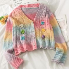 Ombre Cardigan, Rainbow Cardigan, Cardigan Pink, Flower Shorts, Slim Sweater, Cable Knit Cardigan, Cardigan Top, Knitting Women Sweater, Grunge Style