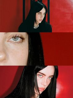 three different images of a woman with blue eyes and long black hair, in front of a red background