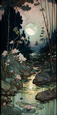 a painting of water lilies and the moon in the sky over a river with rocks