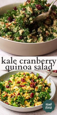 kale and cranberry quinoa salad in a white bowl on a table