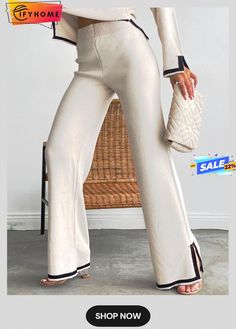 Simple Color Block Fashion Sweater Pants Trendy Beige Winter Pants, Chic Winter Bottoms For Day Out, White Ankle-length Winter Bottoms, Chic White Winter Pants, Trendy Ankle-length Pants For Winter, Trendy Beige Trousers, High-waist Winter Bottoms For Day Out, Chic White Bottoms For Winter, High Waist Bottoms For Winter Day Out