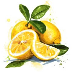 two lemons with leaves and one cut in half on a white background, watercolor painting