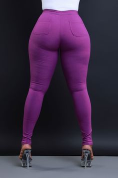 Purple Stretch Mid-rise Bottoms, Purple Mid-rise Stretch Bottoms, Casual Stretch Purple Jeans, Casual Purple Stretch Jeans, Stretch Elastane Purple Bottoms, Stretch Purple Elastane Bottoms, Trendy Stretch Purple Leggings, Purple Stretch Elastane Bottoms, Fitted Mid-rise Cotton Activewear