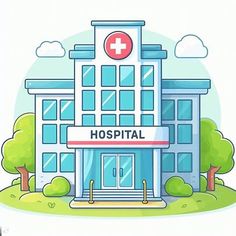 a hospital building with the word hospital on it's front and trees around it